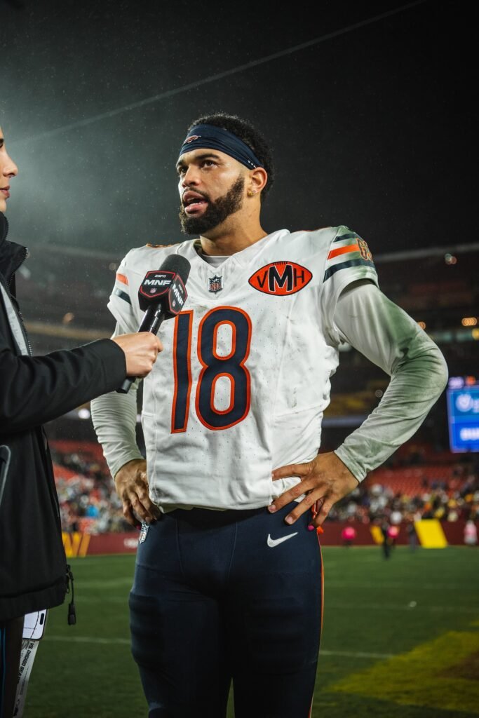 Bears quarterback Caleb Williams in his white road uniform.