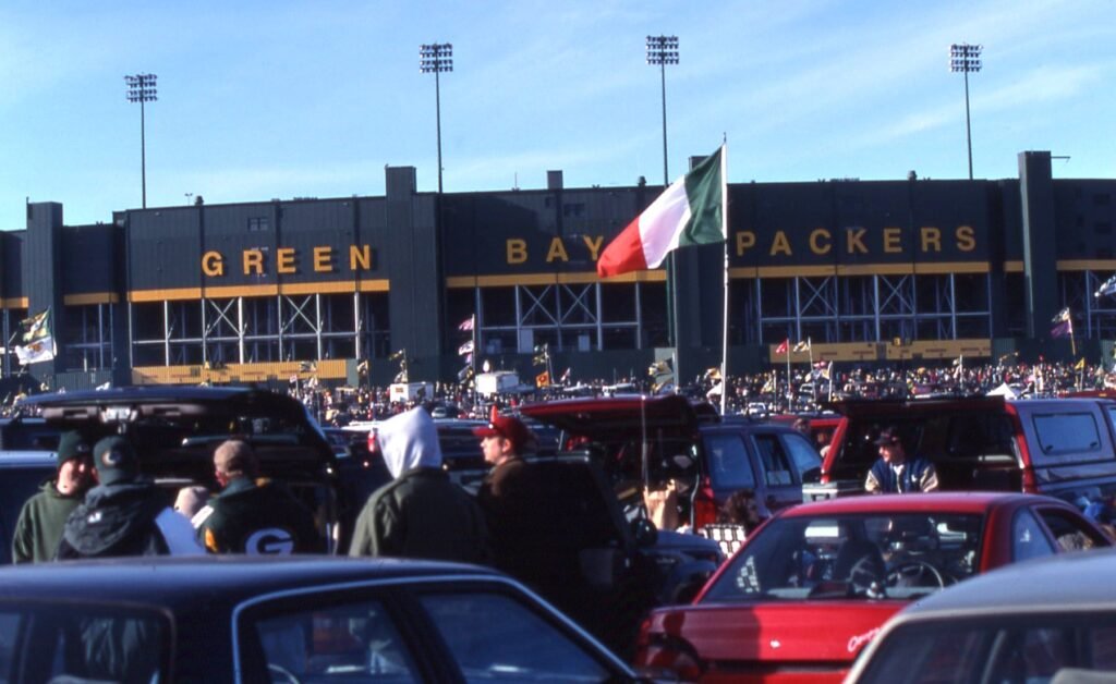 Lambeau Field and its parking lot in December 1998, before the stadium renovation.